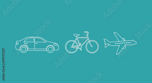 Flat lay of simple line icons representing car, bicycle, and airplane on a solid teal background with white space below, conveying a travel or transportation theme with a minimalist style.