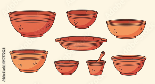 A collection of terracotta bowls and mortar on a cream background, showcasing a set of earthenware kitchenware for a lifestyle or cooking theme.