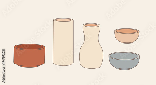 A minimalist flat lay of ceramic kitchenware and vases in various shapes and earthy tones, arranged on a neutral background, exemplifying a simple lifestyle aesthetic.
