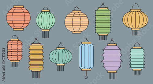 A collection of colorful lanterns in various shapes and sizes against a gray background, showcasing a vibrant and festive lifestyle.