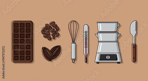 Flat lay illustration of chocolate, coffee beans, heart-shaped cookie, whisk, knife, and coffee maker on a plain background, conveying a lifestyle of baking and coffee.