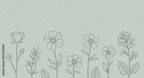 A simple line drawing of various flowers and leaves on a muted green background with a white space below, conveying a sense of the environment.