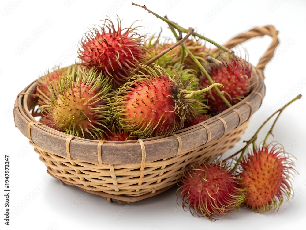 Fototapeta premium Red and orange rambutan fruit in woven basket isolated with real transparent background for branding