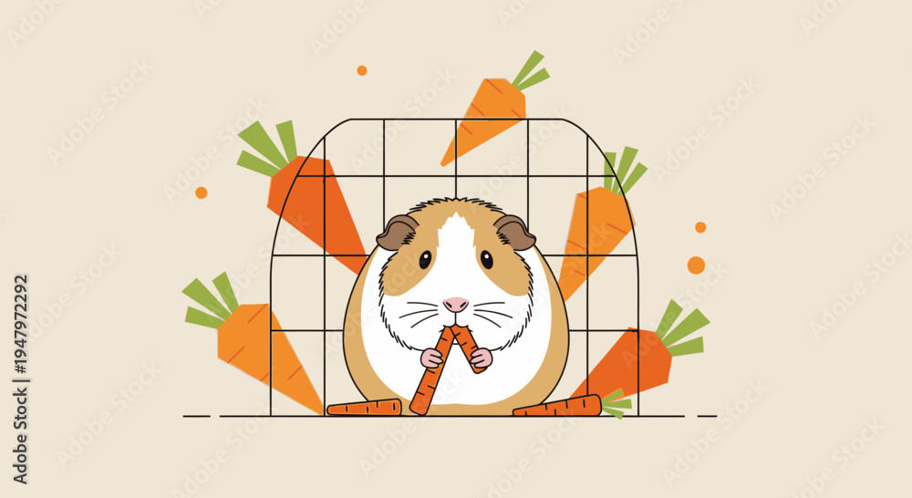Fototapeta premium Cute guinea pig eating carrots inside a cage, surrounded by vegetables, funny pet illustration