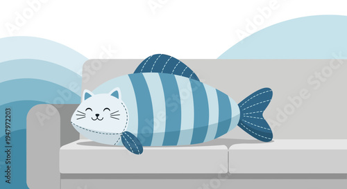Cute Cat-Fish Hybrid Pillow Resting on a Sofa, Whimsical Comfort
