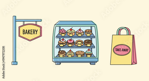 Flat lay illustration of a bakery sign, a display case with assorted sweet pastries, and a yellow shopping bag on a pale background.