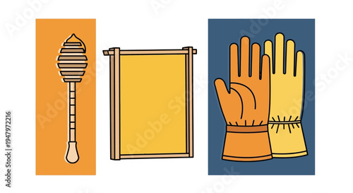 A graphic illustration of a honey dipper, a yellow scroll, and a pair of protective gloves on colored backgrounds, conveying a theme related to food and safety.