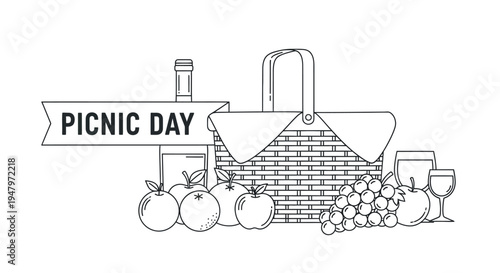A delightful black and white line art illustration depicts a classic picnic day scene featuring a woven basket filled with treats, a bottle of wine, fresh fruits like grapes and apples, and elegant gl
