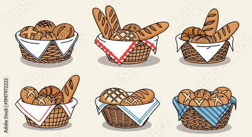 A colorful flat lay illustration of six wicker baskets filled with various types of bread and wrapped in napkins on a beige background, showcasing different bread arrangements.