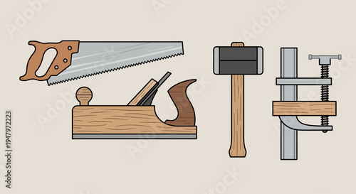 Flat lay illustration of various carpentry tools including a handsaw, plane, mallet, and vise on a beige background, showcasing a lifestyle of woodworking and craftsmanship.