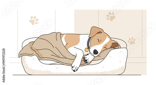 Cute dog sleeping peacefully on a cozy bed, covered with a blanket, in a warm, inviting room.