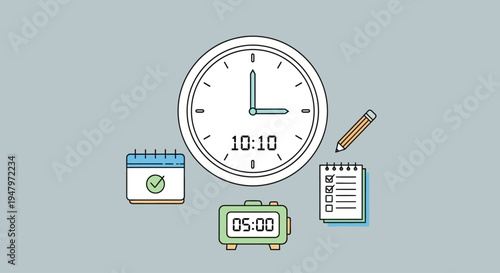 A flat lay illustration of a clock, calendar, alarm clock, and notepad on a light blue background, conveying a lifestyle and time management theme with simple, colorful graphics.