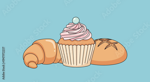 Colorful illustration of a cupcake with pink frosting and a pearl on top, accompanied by a croissant and a bread roll on a light blue background, showcasing sweet and savory food items.