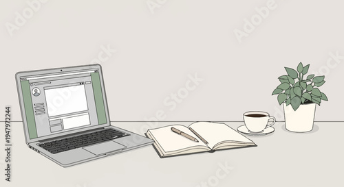 A minimalist workspace with a laptop, notebook, coffee cup, and potted plant on a desk, conveying a calm and organized lifestyle.