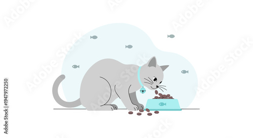 Cute Gray Cat Eating Kibble from Blue Bowl, Surrounded by Fish Icons