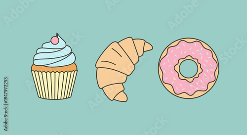 Flat lay illustration of a cupcake, croissant, and donut on a teal background, showcasing various sweet food treats in a colorful arrangement.