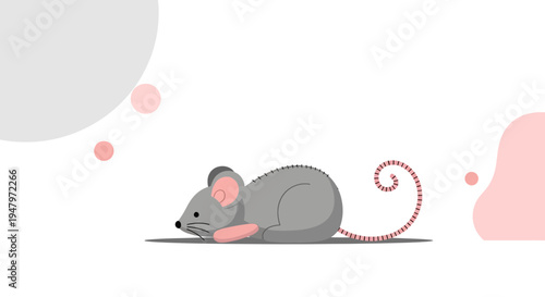 Cute Gray Mouse with Pink Accents Lying Down on White Background with Abstract Shapes