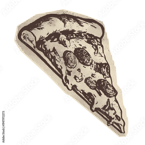 Pepperoni Pizza Slice in Vintage Halftone Style Illustration
