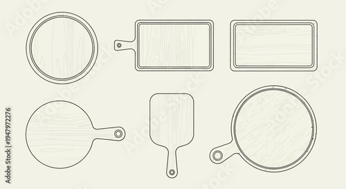 A set of six kitchen cutting board outlines in various shapes and sizes on a plain background, conveying a clean and minimalist lifestyle.