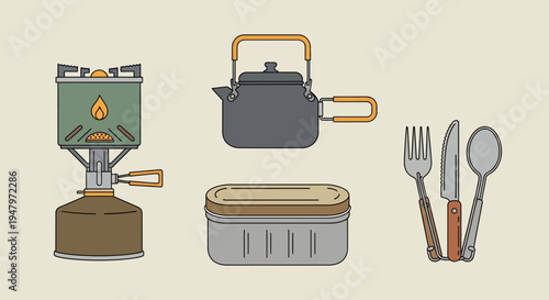 Flat lay illustration of camping cooking equipment and utensils on a beige background, conveying a lifestyle of outdoor adventure and travel.