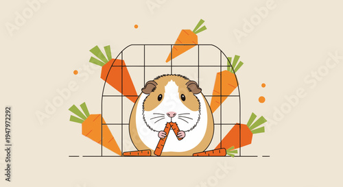 Cute guinea pig eating carrots inside a cage, surrounded by vegetables, funny pet illustration