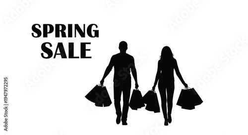 Silhouetted couple walking forward carrying multiple shopping bags beneath bold text announcing a significant spring season sale event for retail advertising purposes.