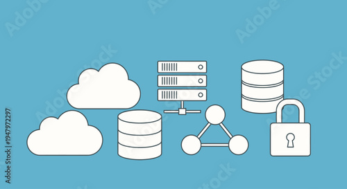 Cloud computing and data storage illustration with server, database, network, and security icons on blue background, representing business technology.