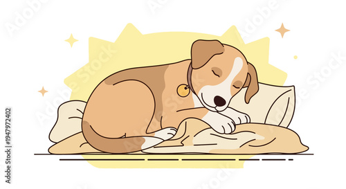 Cute puppy sleeping peacefully on a soft pillow, dreamlike, comfort, relaxation