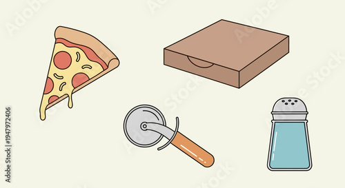 Flat lay illustration of a pizza slice, cardboard box, pizza cutter, and salt shaker on a plain background, conveying a casual lifestyle and food preparation.