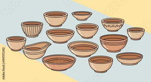 Flat lay of various terracotta pots on a pastel background with yellow accents, showcasing different shapes and designs in a lifestyle arrangement.