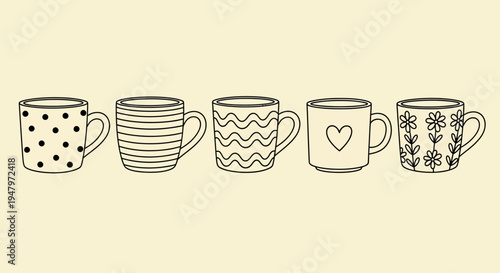 A set of five differently patterned coffee mugs on a pale yellow background, showcasing various designs including polka dots, stripes, zigzags, a heart, and floral patterns in a simple line