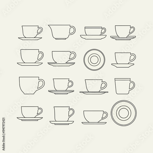 A minimalist illustration of various teacup and saucer sets in a simple line drawing style on a neutral background, representing a modern lifestyle.