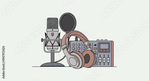 A digital illustration of a microphone with headphones and audio equipment on a plain background, conveying a lifestyle of music production or podcasting with a modern aesthetic.