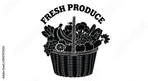 Black and white vintage style logo design featuring a wicker basket overflowing with various fresh fruits and vegetables underneath bold stylized text proclaiming fresh produce goodness for grocery ma