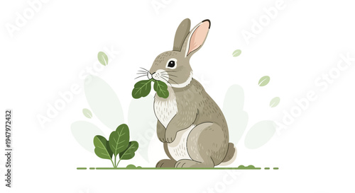 Cute rabbit eating green leaves in a minimalist garden, vector illustration