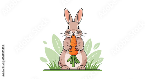 Cute Rabbit Eating a Carrot in a Green Garden with Leaves