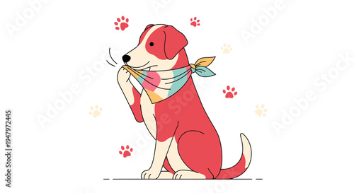 Cute Red Dog Wearing a Colorful Bandana, Sitting and Chewing on a Toy