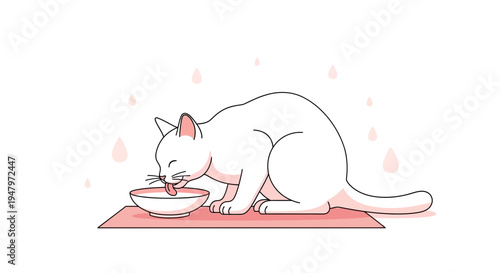 Cute white cat drinking milk from a bowl on a pink mat, cartoon style