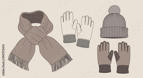 Set of winter accessories including scarf, gloves, and beanie hat in neutral colors.