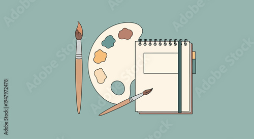 Art supplies with paintbrushes and blank sketchbook ready for creativity.