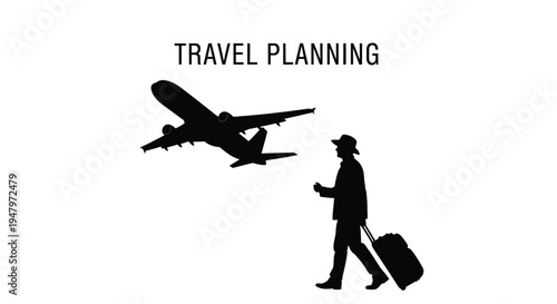 This captivating minimalist black silhouette illustration elegantly depicts the exciting and essential concept of travel planning, featuring a traveler wearing a stylish hat and pulling rolling luggag