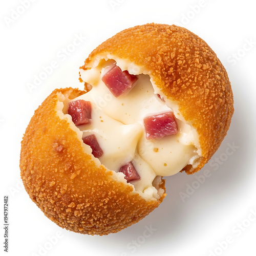 Delicious golden-brown fried croquette with creamy cheese and ham filling, a delightful snack