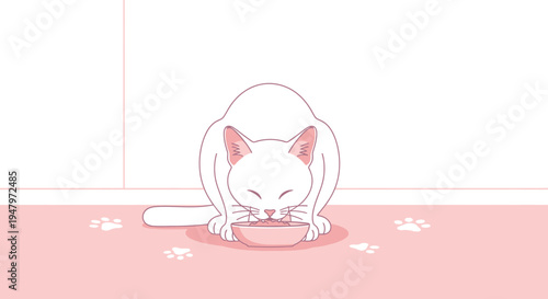 Cute White Cat Drinking Water from Bowl on Pink Paw Print Mat
