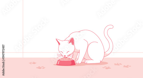 Cute White Cat Eating From Pink Bowl, Minimalist Line Art Animation Style