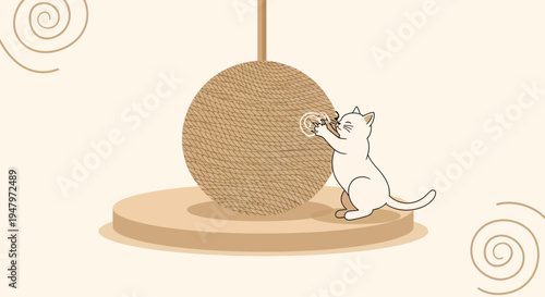 Cute white cat playing with a spherical scratching post, minimalist illustration