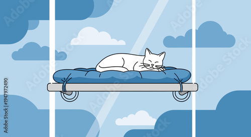 Cute White Cat Sleeping on a Window Perch, Enjoying the View of Clouds