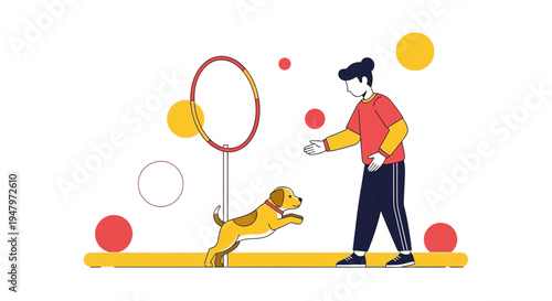 Dog agility training: owner and dog jumping through hoop, obstacle course, active lifestyle