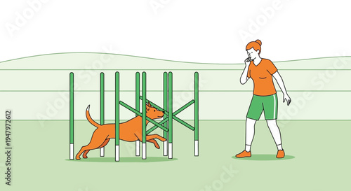 Dog agility training: dog weaving through poles with handler watching