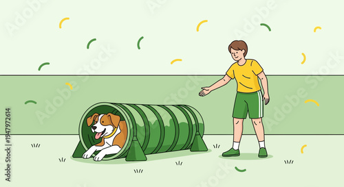 Dog agility training: happy dog runs through tunnel with owner cheering