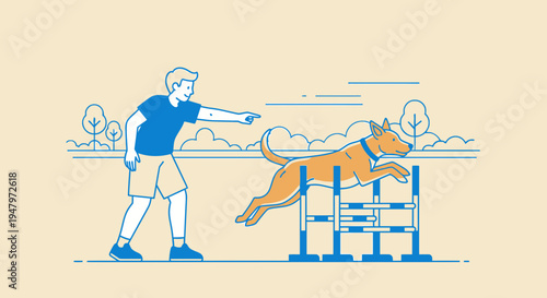 Dog agility training: owner guides dog jumping over obstacle in park, active lifestyle